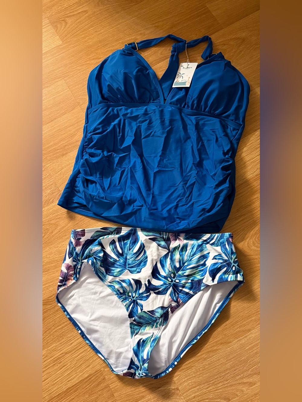 Royal Blue Tankini with Tropical Leaf Bottoms